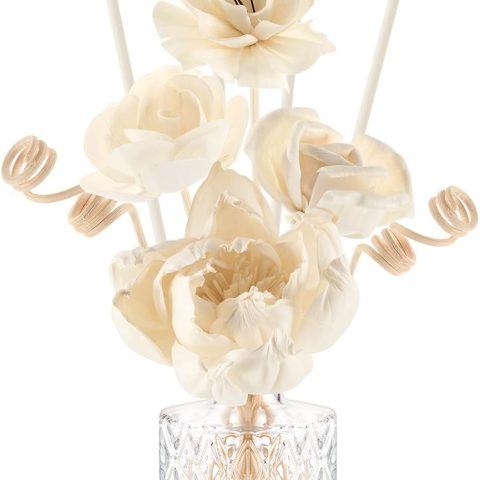 11 Pcs Flower Reed Diffuser Set Include 4 Flowers 6 Diffuser Sticks with 5oz Empty Design Bottles Fragrance Rice Paper Natural Flower for Home Bedroom Office Bathroom Shelf Decor Gift