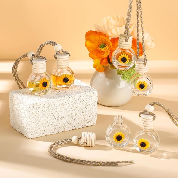50 Pcs Hanging Car Air Freshener Car Diffuser Bottles Empty Glass Perfume Bottle Freshener Diffuser Bottle Pendant for Essential Oil Fragrance Aromatherapy Bottle Ornament(Clear,Sunflower)