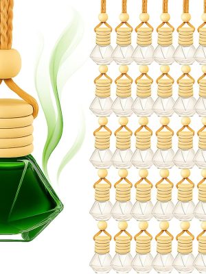 50 Pcs 8ml Hanging Car Air Freshener Diffuser,Clear Glass Car Diffuser Bottles Empty Bulk for Essential Oil Fragrance Perfume,Refillable Pendant Glass Vial with Wooden Cap Hanging String,Diamond Style