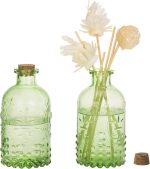 Vintage Embossed Green Glass Small Reed Diffuser Bottle with Cork Lid, Decorative Flower Bud Vase, Set of 2