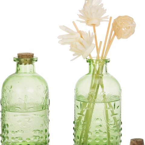 Vintage Embossed Green Glass Small Reed Diffuser Bottle with Cork Lid, Decorative Flower Bud Vase, Set of 2