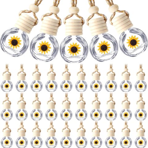 50 Pcs Hanging Car Air Freshener Car Diffuser Bottles Empty Glass Perfume Bottle Freshener Diffuser Bottle Pendant for Essential Oil Fragrance Aromatherapy Bottle Ornament(Clear,Sunflower)