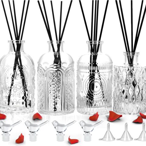 Diffuser Glass Bottles Decorative Bottles Vases Set of 4 Empty Clear DIY Fragrance Reed Diffuser Storage Bottle with Reeds Sticks for Home Office Desk Decoration Wedding Valentine Girl Women